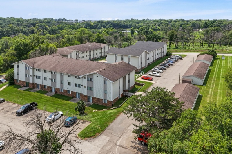 Aerial view of The Ridges apartment buildings and parking