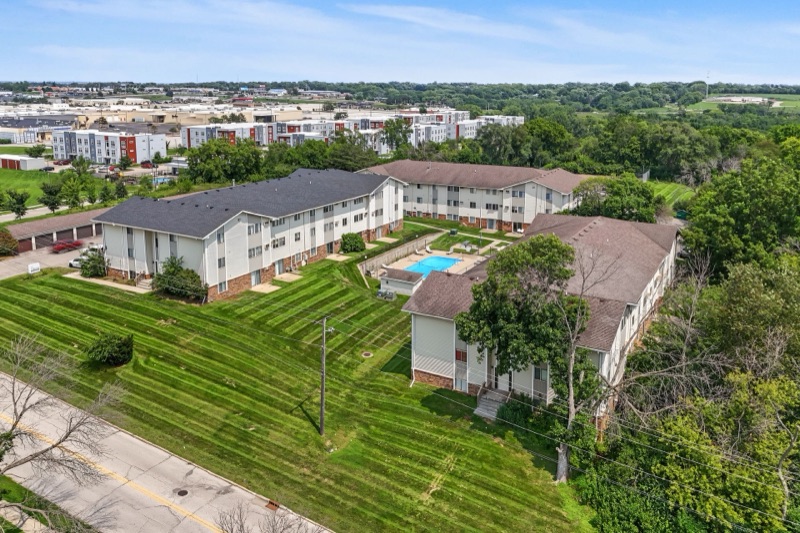Aerial view of The Ridges community pool and grounds